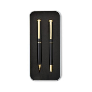 Conjunto de canetas roller e esfero em aço.