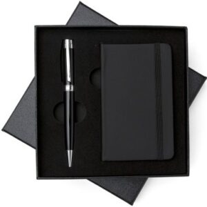Conjunto executivo de moleskine emborrachado e esferográfica metálica